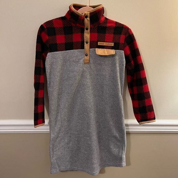 NWT Simply Southern Kids Large Outdoor Mountain Pullover Fleece‎ Plaid Red Gray - Picture 1 of 4